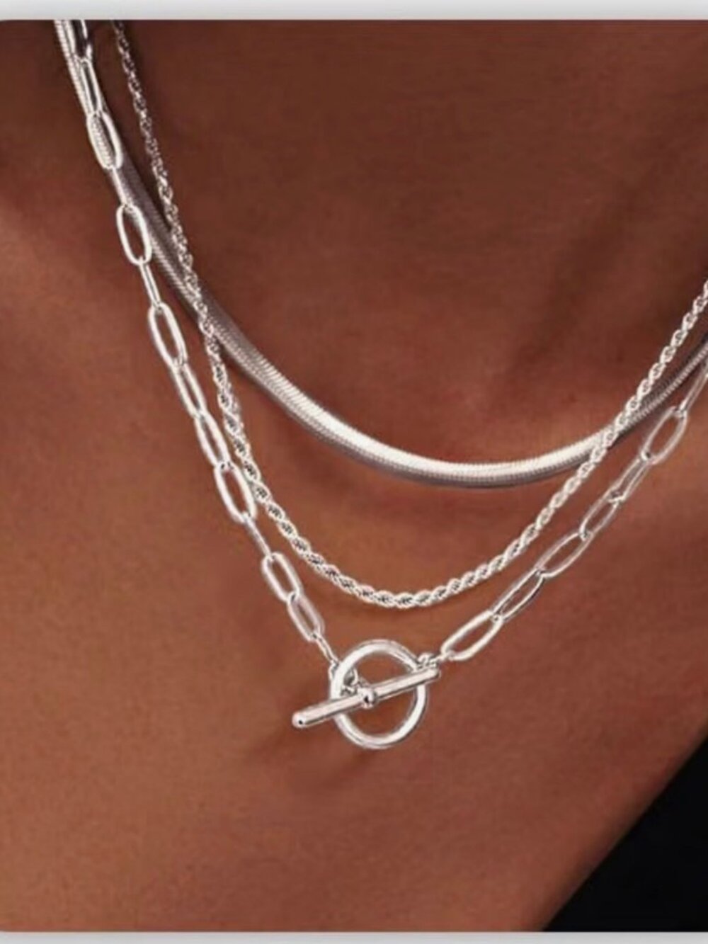 Silver Layered Necklace Set 3 Piece - Snake Chain Rope Chain Toggle Paperclip -